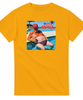 Satirisk illustration av Donald Trump vid poolen – gul t-shirt