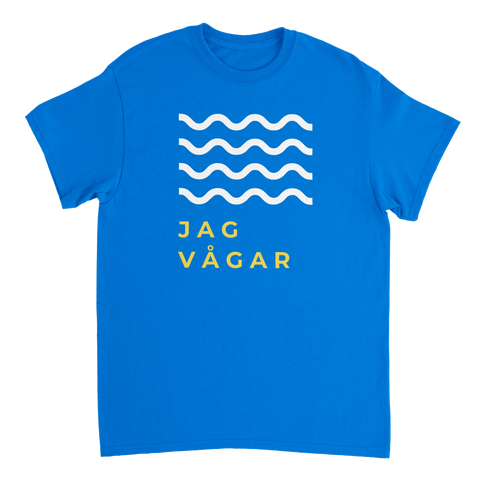 Modern illustration av vågor med texten Jag vågar på en klarblå t-shirt