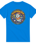 Blå t-shirt med lekfull illustration av ett spöke som går i sömnen