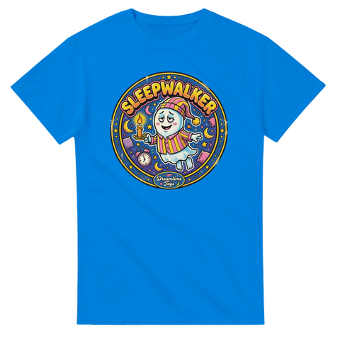 Blå t-shirt med lekfull illustration av ett spöke som går i sömnen