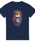 Konstnärligt tryck av krönt kranium med färgstänk för t-shirt