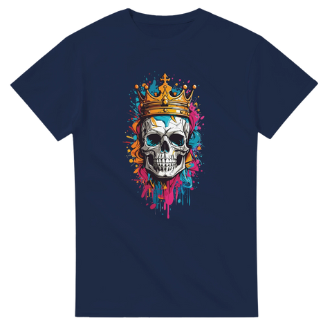 Konstnärligt tryck av krönt kranium med färgstänk för t-shirt