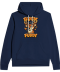 Tecknad hjort med texten Buck Fuddy på mörkblå hoodie.