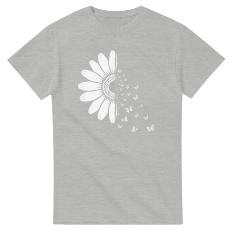 Gråmelerad t-shirt med minimalistiskt tryck av en blomma i upplösning