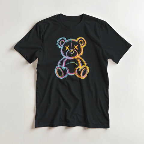 Modern t-shirt med neonfärgat björnmotiv i cyan och rosa på svart tyg