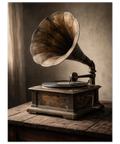 Stämningsfull musikposter föreställande en historisk skivspelare i en minimalistisk miljö med mjuk skuggning.