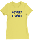 Absolut Student 2026-tryck i mörkblått på gul dam premium t-shirt, rak passform.
