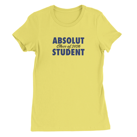 Absolut Student 2026-tryck i mörkblått på gul dam premium t-shirt, rak passform.