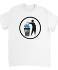 Klassiskt papperskorgs-piktogram med blå blomma som motiv på vit t-shirt