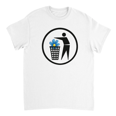 Klassiskt papperskorgs-piktogram med blå blomma som motiv på vit t-shirt
