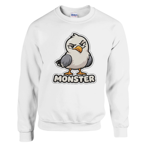 Tecknad fiskmås med attityd och Monster-tryck – vit sweatshirt