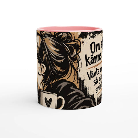 Mugg med texten Om allt känns bra och svartvit retroillustration.