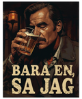 Närbild på en vintageinspirerad poster föreställande en man med ett ölglas i en varmt upplyst barmiljö.