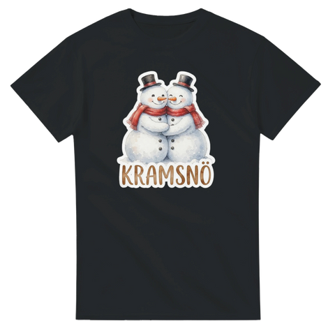 Svart t-shirt med grafiskt tryck av kramande snögubbar och ordvits