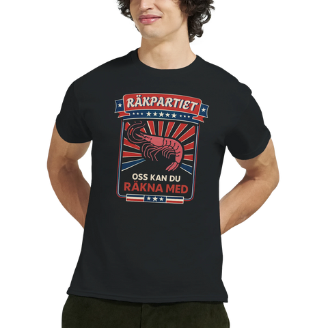 Närbild på t-shirt med grafiskt motiv av en räka och text