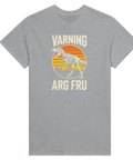 Grå t-shirt med retrotryck av T-Rex-skelett och solnedgång.