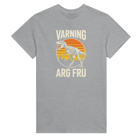 Grå t-shirt med retrotryck av T-Rex-skelett och solnedgång.