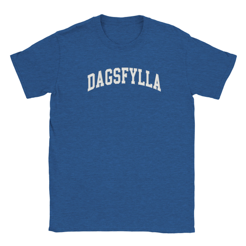 Blåmelerad t-shirt med humoristiskt statement-tryck i vit minimalistisk typografi