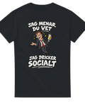Satirisk illustration av berusad man i kostym på svart t-shirt