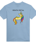Death Metal enhörning med regnbågsman på ljusblå t-shirt.
