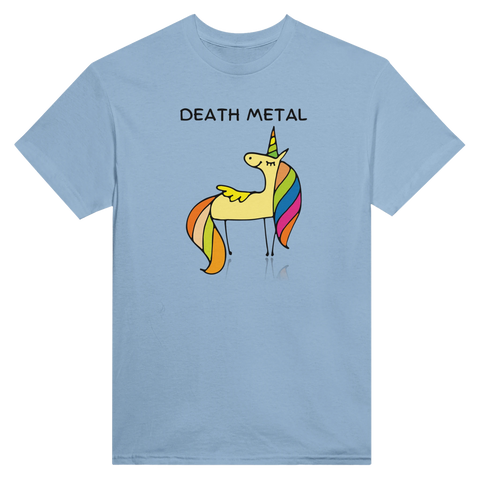 Death Metal enhörning med regnbågsman på ljusblå t-shirt.