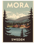 Retro travel poster av Mora med röda stugor vid Siljan