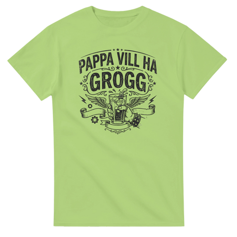 Limegrön t-shirt med kaxigt tryck av en hand med nitarmband som håller en grogg.