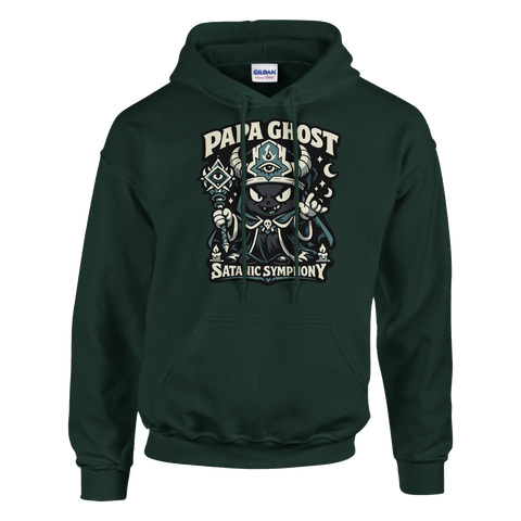 Papa Ghost svart katt djävul med trollstav och horn, mörkgrön hoodie.