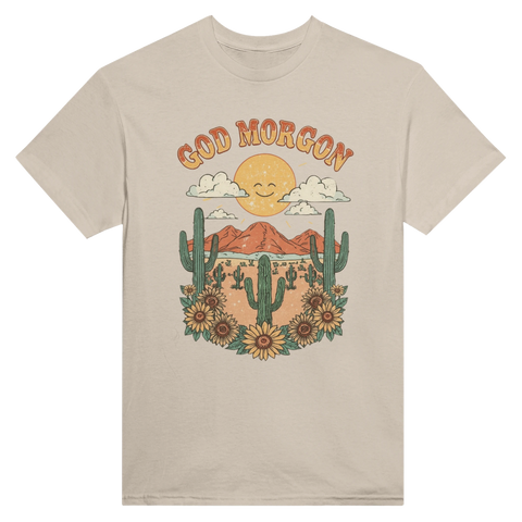 Retro ökenlandskap med kaktusar och glad sol – grafisk t-shirt