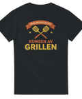 Retro emblem med korslagda grillspadar och texten Kungen av grillen – svart t-shirt