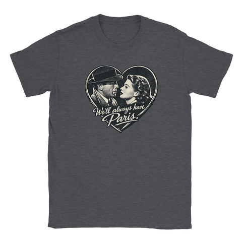 Gråmelerad t-shirt med stiliserad illustration inspirerad av gammal film