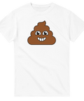 Lekfull t-shirt med en leende poop emoji på vit bakgrund