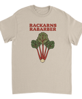 Grafisk illustration av rabarber med texten Rackarns Rabarber – t-shirt för hobbyodlare