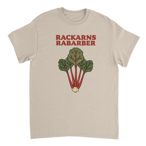 Grafisk illustration av rabarber med texten Rackarns Rabarber – t-shirt för hobbyodlare