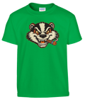 Grön t-shirt med lekfullt och uppkäftigt grävlingsmotiv i serietidningsstil