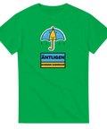 Tecknad glad paraply och "ÄNTLIGEN SVENSK SOMMAR" text på grön t-shirt.