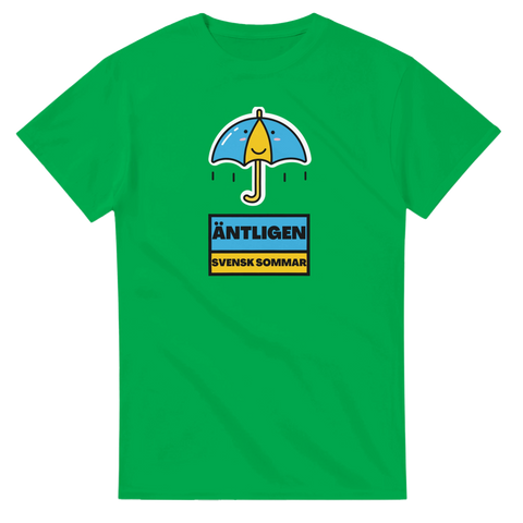 Tecknad glad paraply och "ÄNTLIGEN SVENSK SOMMAR" text på grön t-shirt.