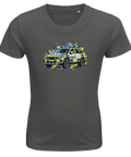 Mörkgrå barn-t-shirt med en svensk polisbil och färgstänk
