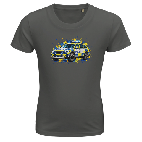 Mörkgrå barn-t-shirt med en svensk polisbil och färgstänk