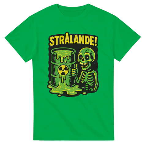 T-shirt med grönt skelett och radioaktiv tunna