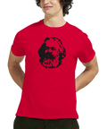 Karl Marx ansikte i svart tryck på röd t-shirt.