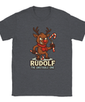 Julmotiv t-shirt i mörkgrå med Rudolf ren som håller polkagrisar som vapen