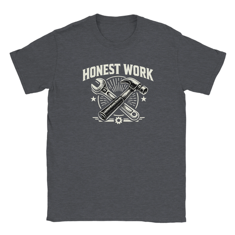 Honest Work" text med korsad hammare och skiftnyckel i vitt på mörkgrå t-shirt.