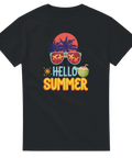 Grafiskt Hello Summer tryck med kokosnöt och sol på en svart t-shirt