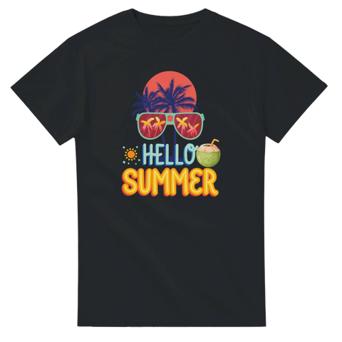 Grafiskt Hello Summer tryck med kokosnöt och sol på en svart t-shirt
