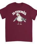 Vinröd t-shirt med en tecknad mås och texten IQ Fiskmås.