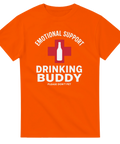 Emotional Support Drinking Buddy" text med rött kors och vit flaska på orange t-shirt.