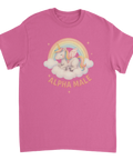 Tecknad enhörning på moln med regnbåge och text "ALPHA MALE" på rosa t-shirt.