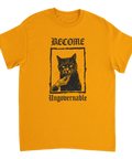 Anarkistisk katt-design med punkig estetik – senapsgul t-shirt