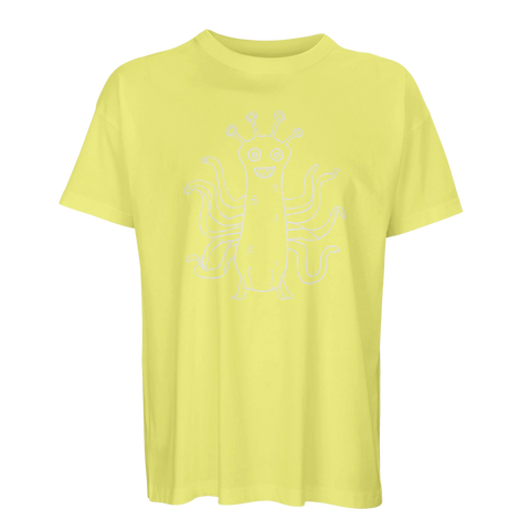 Abstrakt varelse med tentakler – gul t-shirt i modern streetwear-stil